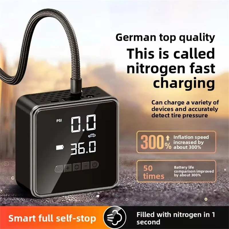 718 LCD Display Wireless Electric Air Compressor 6000mAh Power Bank 150 PSI Portable Car Tire Inflator - Black