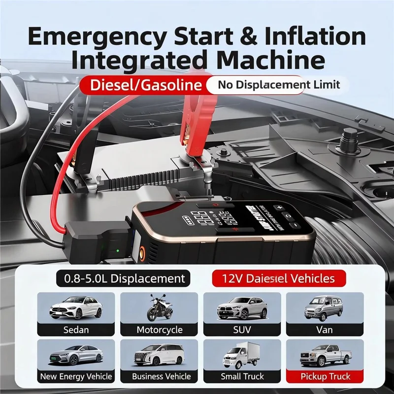 6625 Car Jump Starter 22 Cylinder Tire Inflator 6000mAh Emergency Power Bank with LED Light - Black