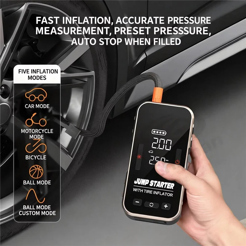 6625 Car Jump Starter 22 Cylinder Tire Inflator 6000mAh Emergency Power Bank with LED Light - Black