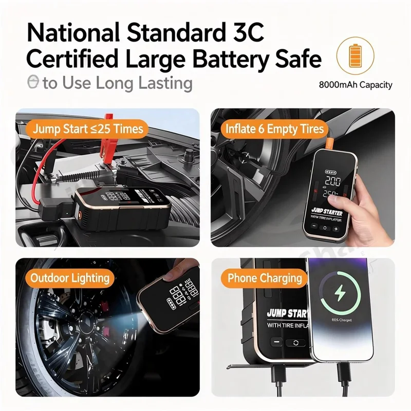 6625 Car Jump Starter 22 Cylinder Tire Inflator 6000mAh Emergency Power Bank with LED Light - Black