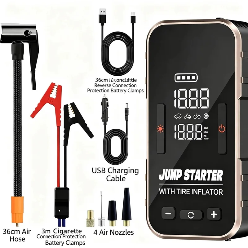 6625 Car Jump Starter 22 Cylinder Tire Inflator 6000mAh Emergency Power Bank with LED Light - Black