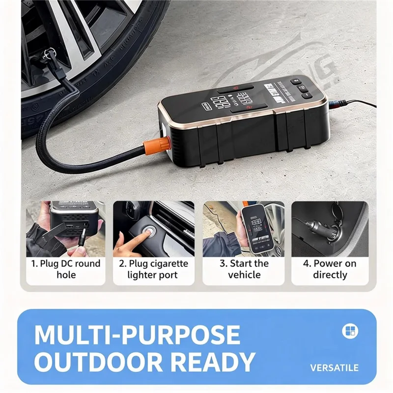 6625 Car Jump Starter 22 Cylinder Tire Inflator 6000mAh Emergency Power Bank with LED Light - Black