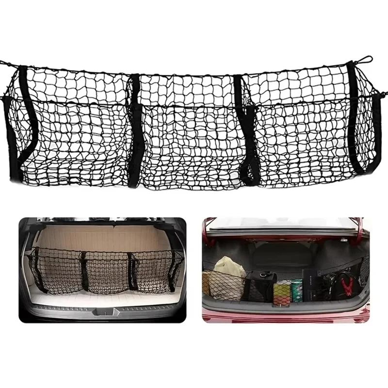 Filet de rangement pour coffre 110x30 cm, sac de rangement en filet pour camionnette avec 3 poches, organisateur pour coffre de SUV ou plateau de pickup - Noir