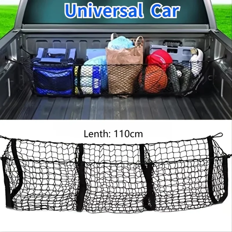 Filet de rangement pour coffre 110x30 cm, sac de rangement en filet pour camionnette avec 3 poches, organisateur pour coffre de SUV ou plateau de pickup - Noir