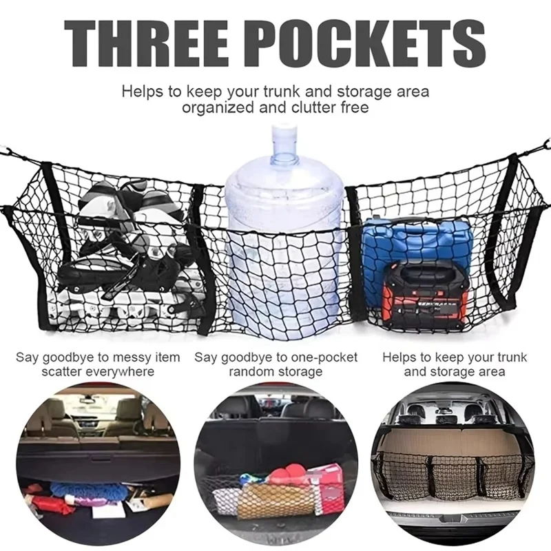 Filet de rangement pour coffre 110x30 cm, sac de rangement en filet pour camionnette avec 3 poches, organisateur pour coffre de SUV ou plateau de pickup - Noir