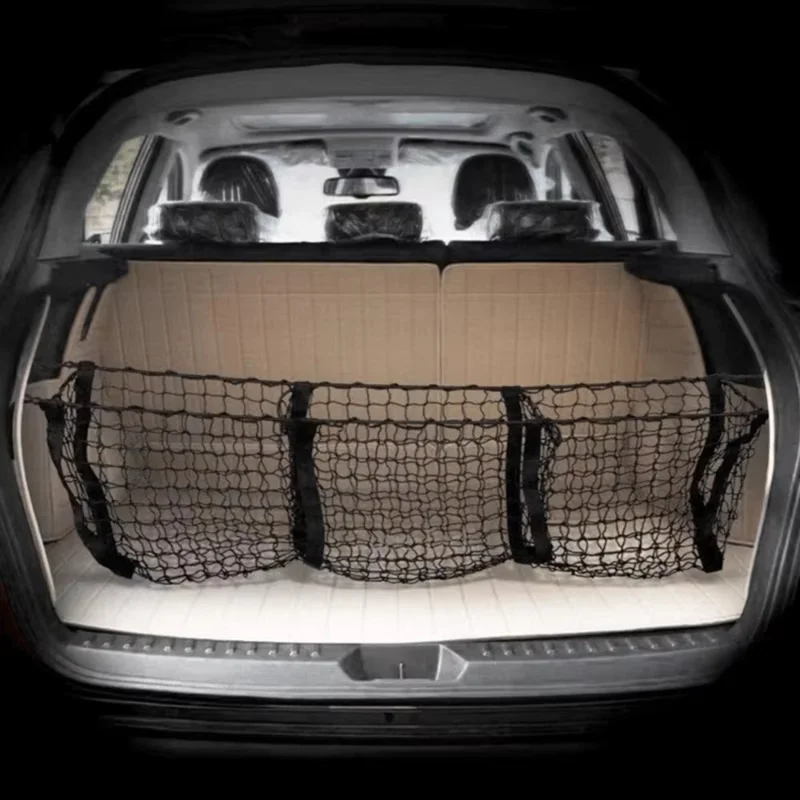 Filet de rangement pour coffre 110x30 cm, sac de rangement en filet pour camionnette avec 3 poches, organisateur pour coffre de SUV ou plateau de pickup - Noir