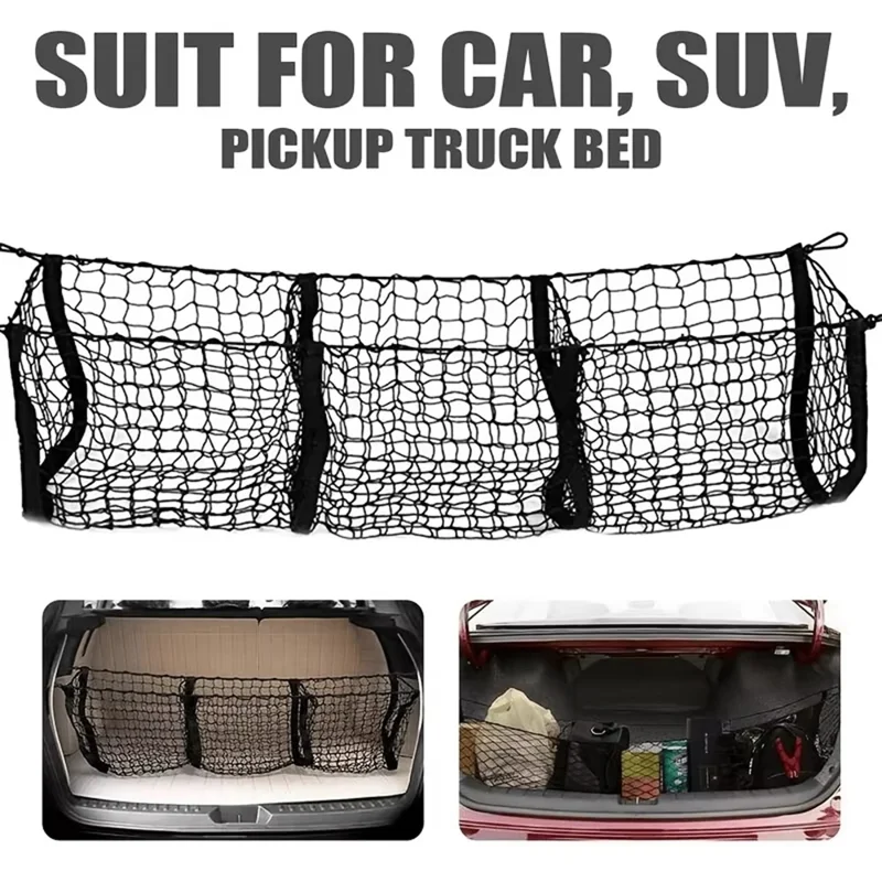 Filet de rangement pour coffre 110x30 cm, sac de rangement en filet pour camionnette avec 3 poches, organisateur pour coffre de SUV ou plateau de pickup - Noir