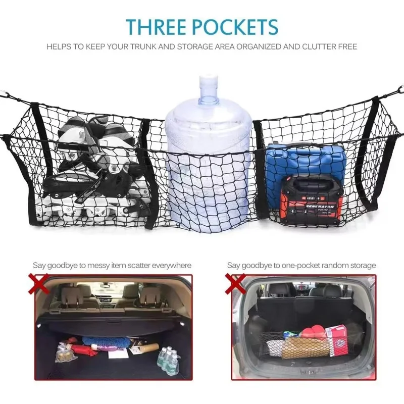 Filet de rangement pour coffre 110x30 cm, sac de rangement en filet pour camionnette avec 3 poches, organisateur pour coffre de SUV ou plateau de pickup - Noir