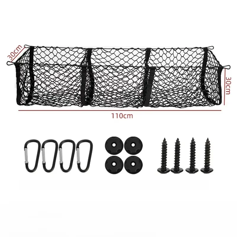 Filet de rangement pour coffre 110x30 cm, sac de rangement en filet pour camionnette avec 3 poches, organisateur pour coffre de SUV ou plateau de pickup - Noir