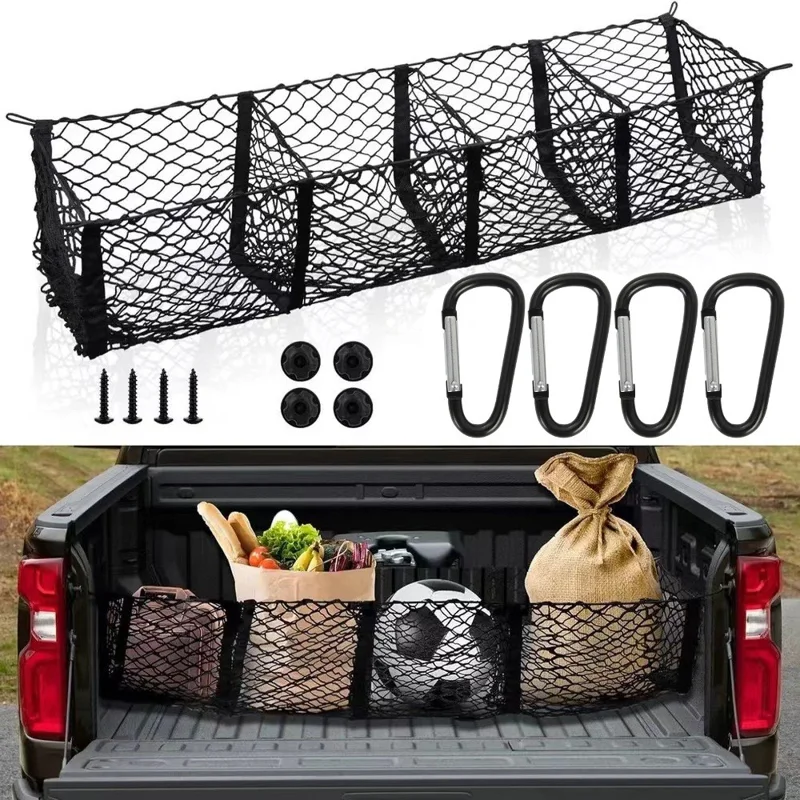 130x30 cm Lastnet i bil med 4 lommer, mesh opbevaringspose til pick-up eller bagagerum - Sort