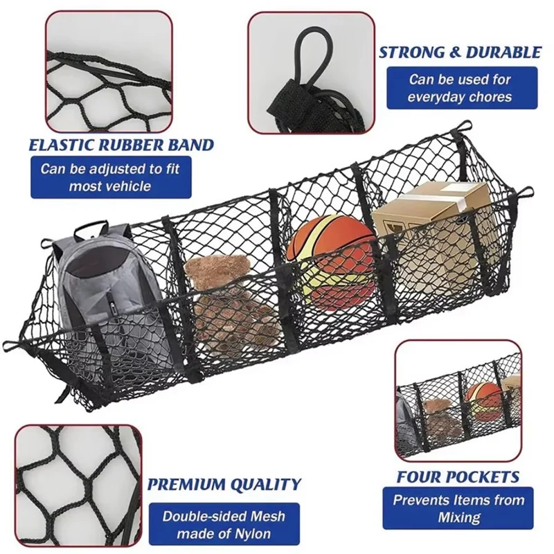 130x30 cm Lastnet i bil med 4 lommer, mesh opbevaringspose til pick-up eller bagagerum - Sort