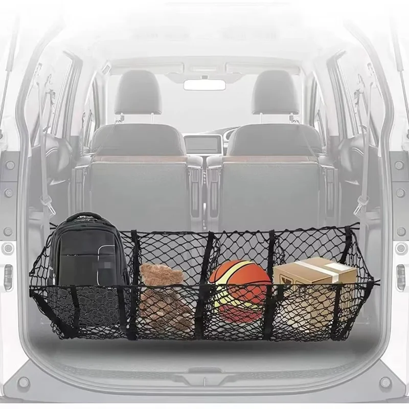 130x30 cm Lastnet i bil med 4 lommer, mesh opbevaringspose til pick-up eller bagagerum - Sort