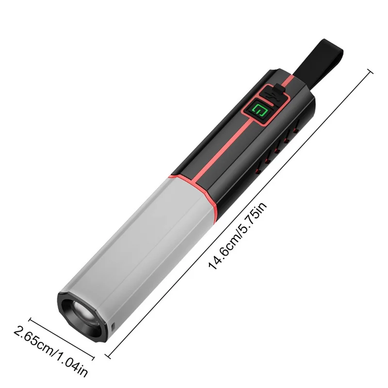 Lampe de poche LED avec zoom télescopique, rechargeable via USB Type-C, 3 modes, lampe blanche pour domicile, camping, extérieur, urgences - Noir