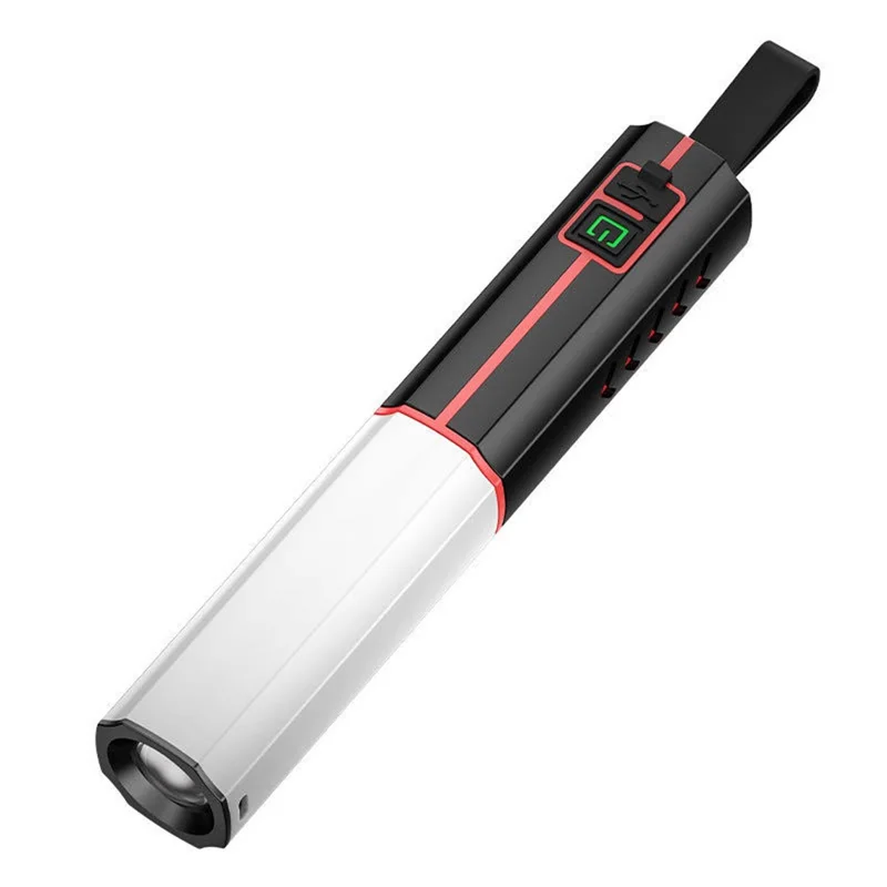 Lampe de poche LED avec zoom télescopique, rechargeable via USB Type-C, 3 modes, lampe blanche pour domicile, camping, extérieur, urgences - Noir