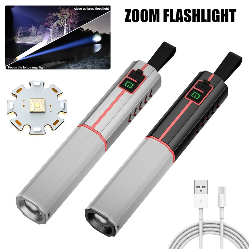 Lampe de poche LED avec zoom télescopique, rechargeable via USB Type-C, 3 modes, lampe blanche pour domicile, camping, extérieur, urgences - Noir