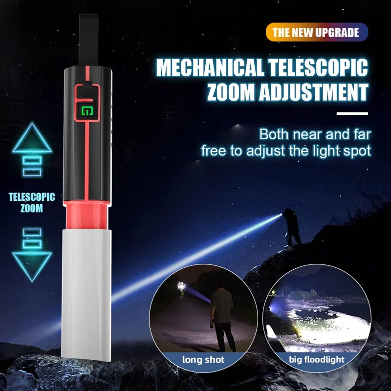 Lampe de poche LED avec zoom télescopique, rechargeable via USB Type-C, 3 modes, lampe blanche pour domicile, camping, extérieur, urgences - Noir