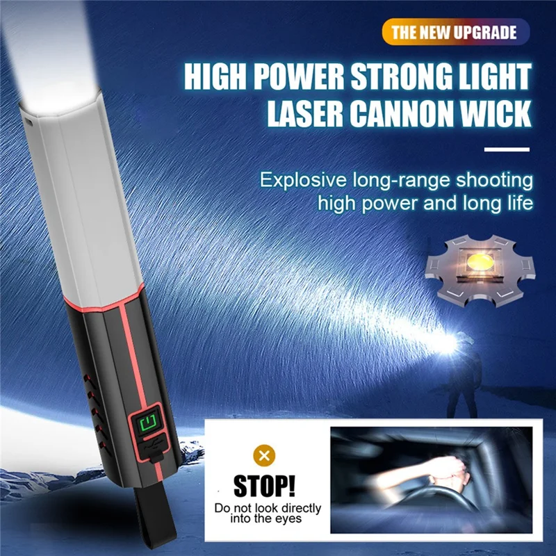 Lampe de poche LED avec zoom télescopique, rechargeable via USB Type-C, 3 modes, lampe blanche pour domicile, camping, extérieur, urgences - Noir