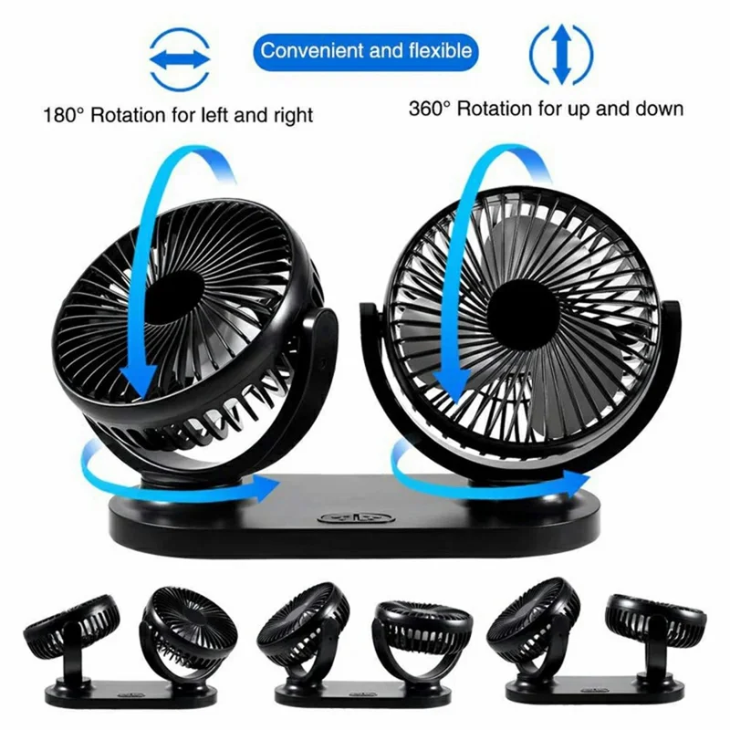 12V / 24V Car USB Fan 360 Degree Rotatable 3-Speed Adjustable Dual Head Desktop Silent Fan for Dashboard - Black