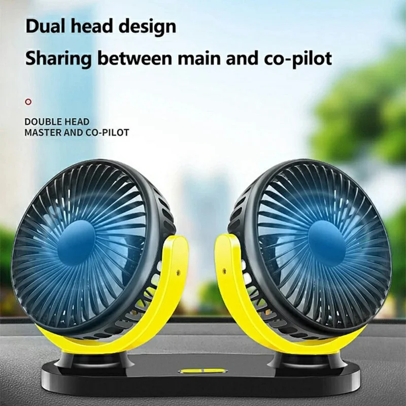 12V / 24V Car USB Fan 360 Degree Rotatable 3-Speed Adjustable Dual Head Desktop Silent Fan for Dashboard - Black