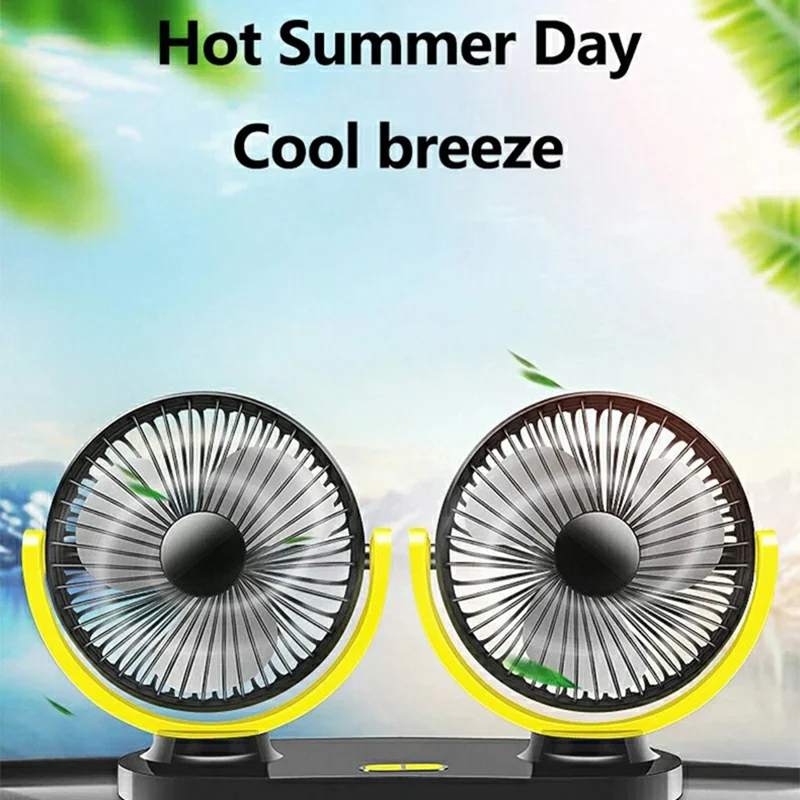 12V / 24V Car USB Fan 360 Degree Rotatable 3-Speed Adjustable Dual Head Desktop Silent Fan for Dashboard - Black