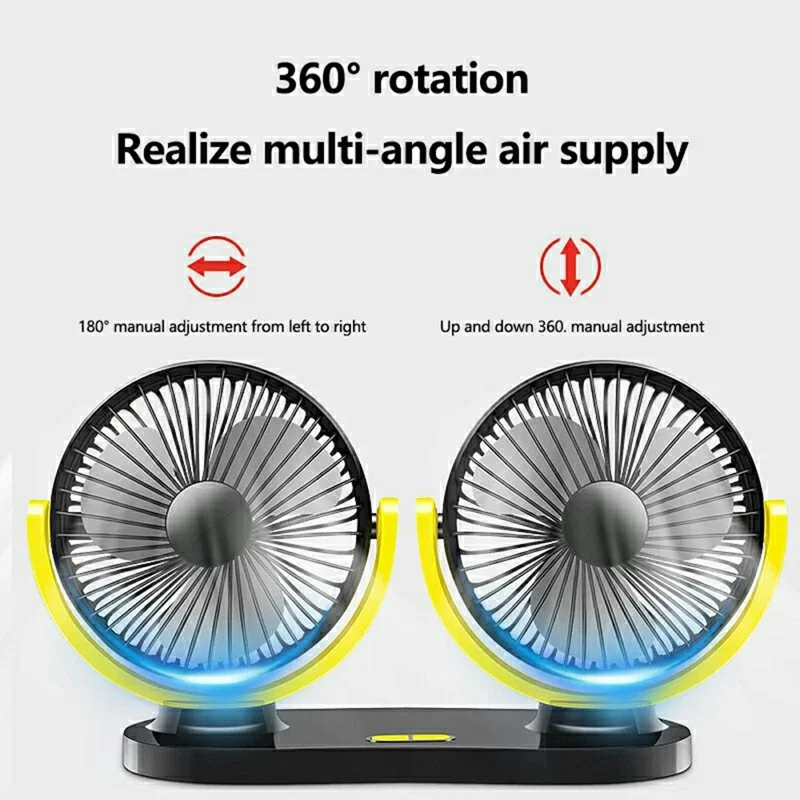 12V / 24V Car USB Fan 360 Degree Rotatable 3-Speed Adjustable Dual Head Desktop Silent Fan for Dashboard - Black
