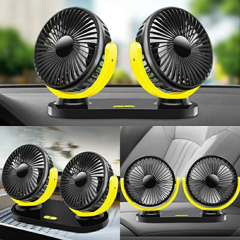 12V / 24V Car USB Fan 360 Degree Rotatable 3-Speed Adjustable Dual Head Desktop Silent Fan for Dashboard - Black
