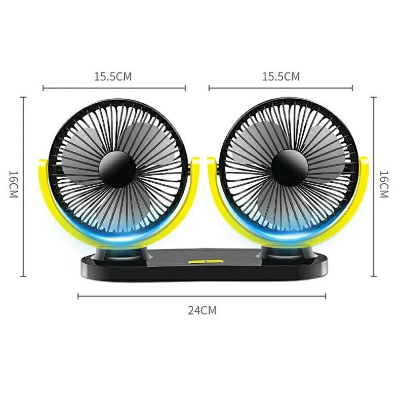 12V / 24V Car USB Fan 360 Degree Rotatable 3-Speed Adjustable Dual Head Desktop Silent Fan for Dashboard - Black