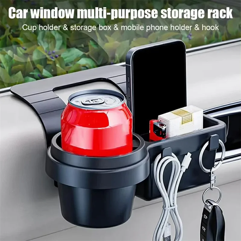 Organizador para Ventana de Coche, Portavasos Multifuncional, Caja de Almacenamiento para Teléfono, para Colgar en el Lateral de la Puerta - Negro