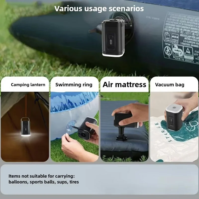 2400mAh Mini Electric Air Pump with 5 Air Nozzles Cordless Inflator with LED Light for Camping - Black