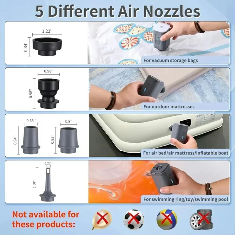2400mAh Mini Electric Air Pump with 5 Air Nozzles Cordless Inflator with LED Light for Camping - Black