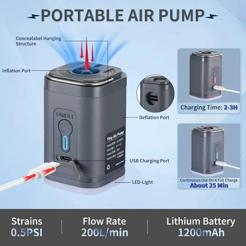2400mAh Mini Electric Air Pump with 5 Air Nozzles Cordless Inflator with LED Light for Camping - Black