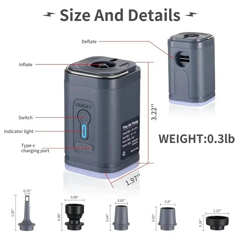 2400mAh Mini Electric Air Pump with 5 Air Nozzles Cordless Inflator with LED Light for Camping - Black