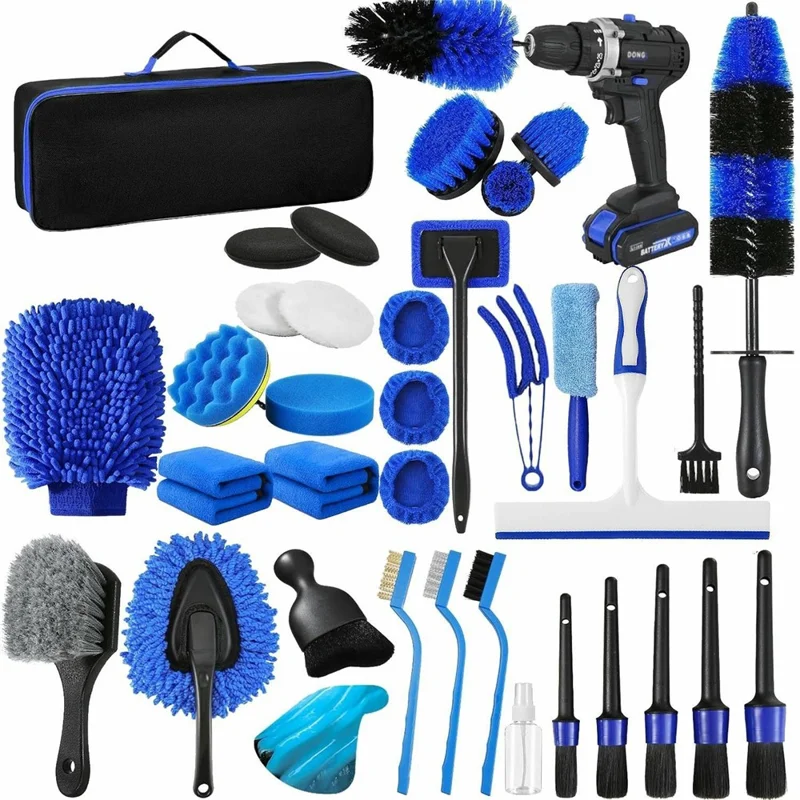 37Pcs Car Cleaning Kit Drill Brush Set Detailing Tools with Wash Mitts Polish Pads Towels for Auto