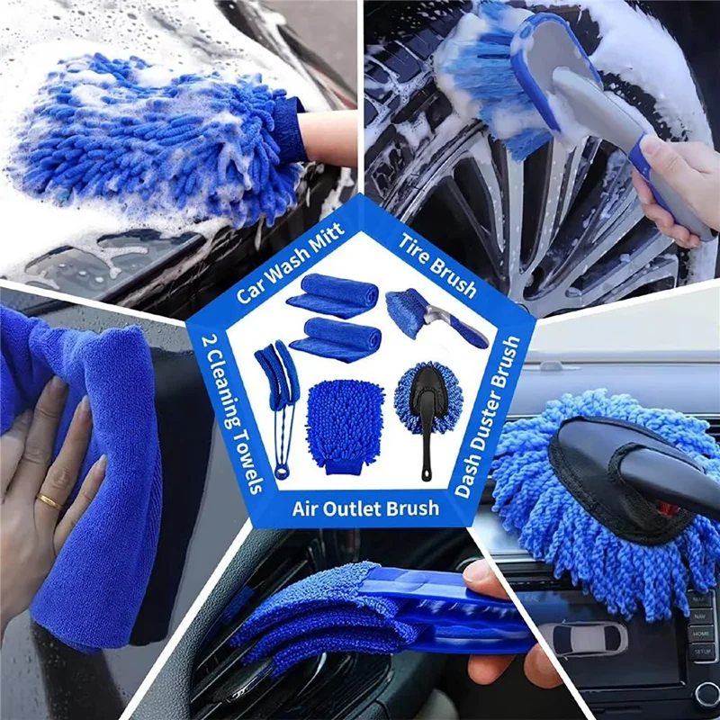 37Pcs Car Cleaning Kit Drill Brush Set Detailing Tools with Wash Mitts Polish Pads Towels for Auto