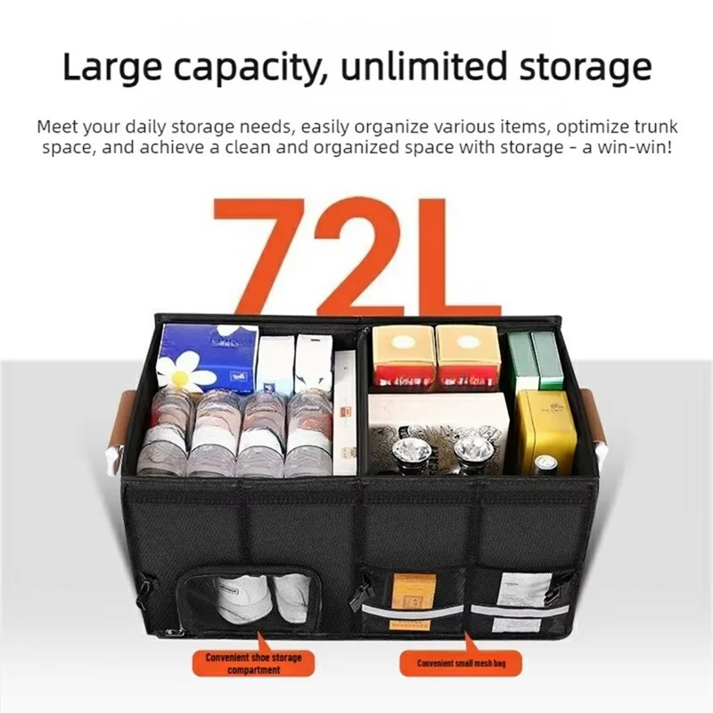 Size L Car Trunk Organizer Waterproof Oxford Cloth Foldable Storage Box with Flip Top - Black