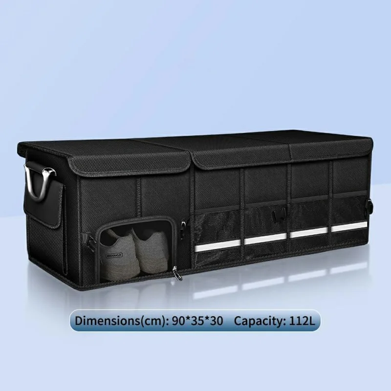 Organizador de Bagageira de Carro Tamanho XXL Caixa de Armazenamento Dobrável em Tecido Oxford Impermeável com Tampa de Encaixe - Preto