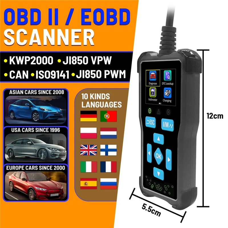 AT100 1.8 Inch TFT Screen OBD2 Scanner Car Diagnostic Tool Engine Code Reader for Auto Repair