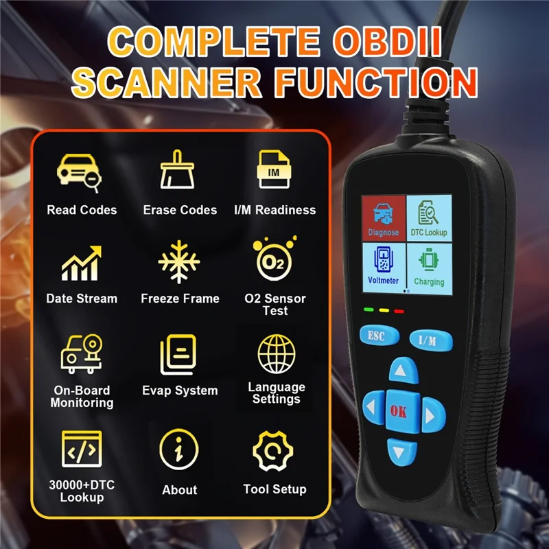 AT200 OBD2 Diagnostic Scanner Tool Built-in Voltmeter 30000+ DTC Codes for Car Fault Detection