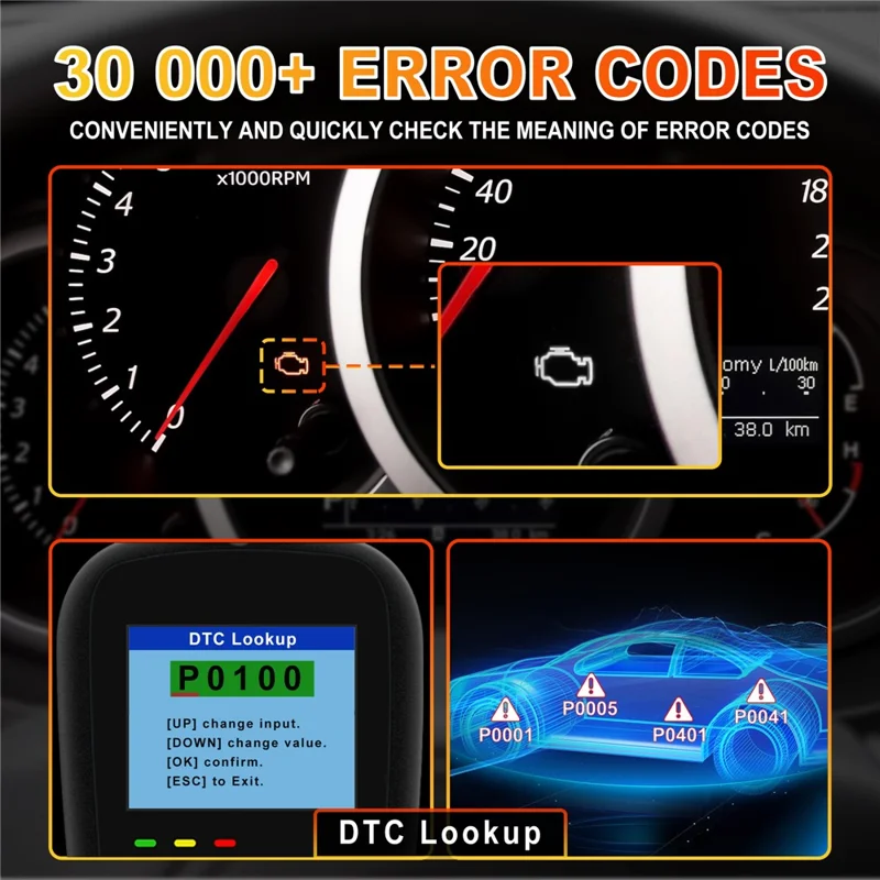 AT200 OBD2 Diagnostic Scanner Tool Built-in Voltmeter 30000+ DTC Codes for Car Fault Detection