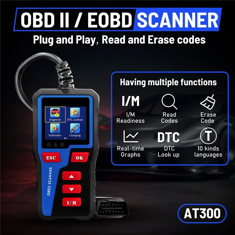 AT300 OBD2 Scanner 1.8 Inch TFT Screen Car Diagnostic Tool Battery Test Code Reader for Engine Check