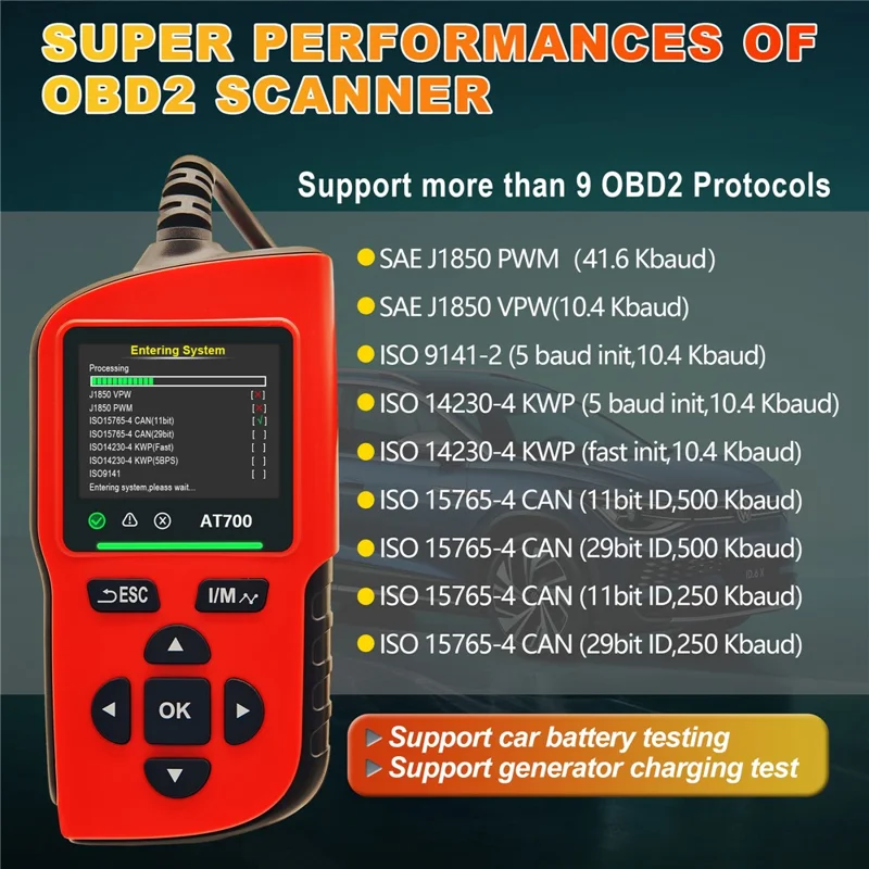 AT700 OBD2 Scanner 2.4 Inch TFT Screen Battery Test Car Diagnostic Tool Support Cloud Print - Red