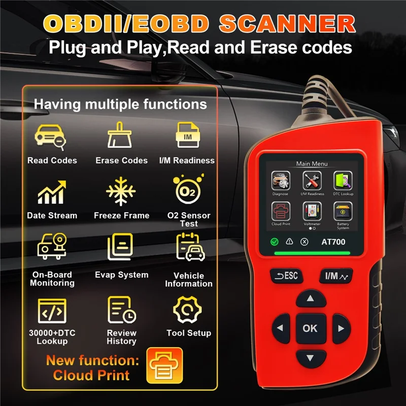 AT700 OBD2 Scanner 2.4 Inch TFT Screen Battery Test Car Diagnostic Tool Support Cloud Print - Red