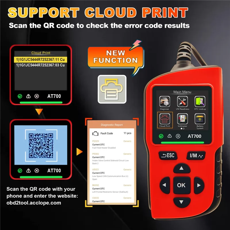 AT700 OBD2 Scanner 2.4 Inch TFT Screen Battery Test Car Diagnostic Tool Support Cloud Print - Red