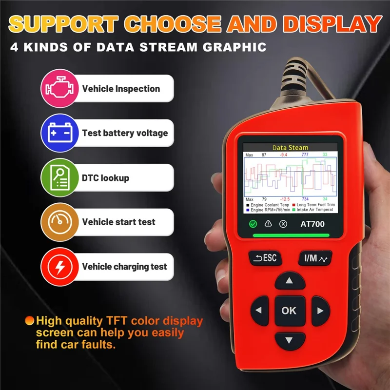 AT700 OBD2 Scanner 2.4 Inch TFT Screen Battery Test Car Diagnostic Tool Support Cloud Print - Red