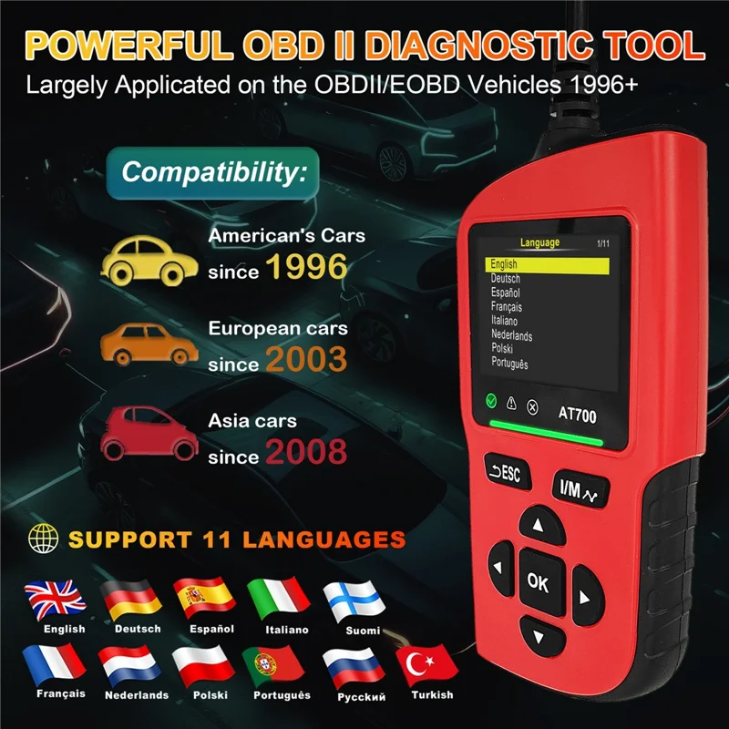 AT700 OBD2 Scanner 2.4 Inch TFT Screen Battery Test Car Diagnostic Tool Support Cloud Print - Red