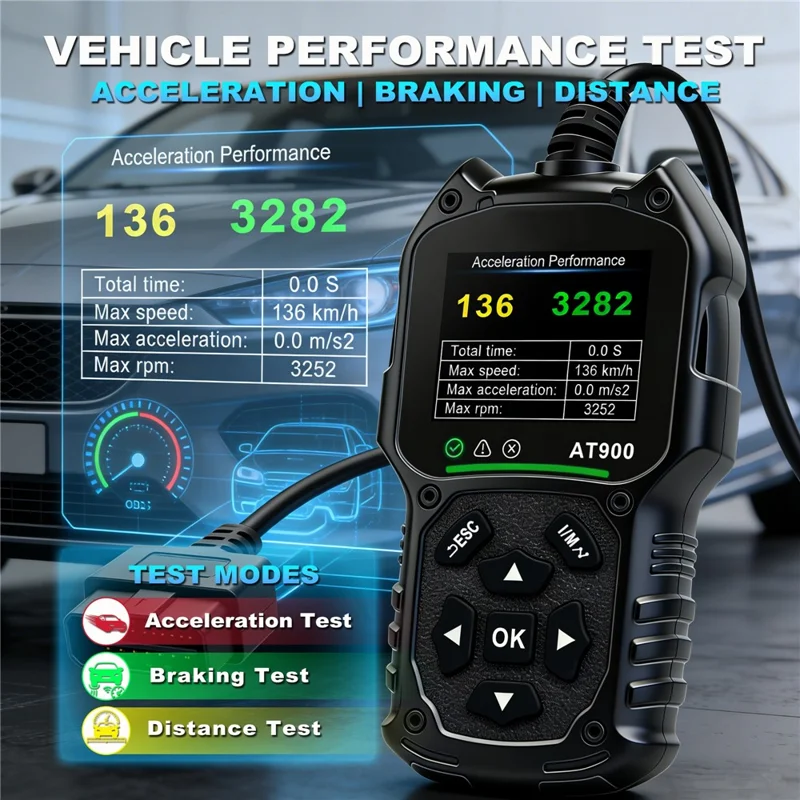 AT900 OBD2 Car Diagnostic Scanner Tool Support Cloud Print 2.4 Inch TFT Screen Battery Tester for Engine Check - Black