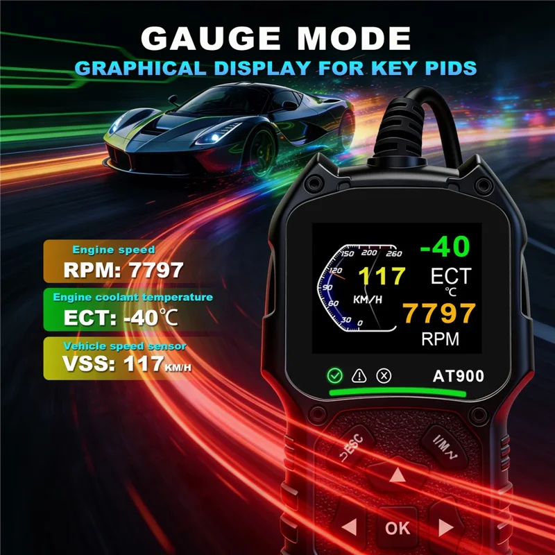 AT900 OBD2 Car Diagnostic Scanner Tool Support Cloud Print 2.4 Inch TFT Screen Battery Tester for Engine Check - Black