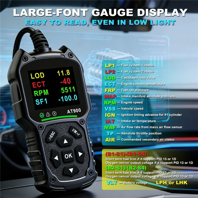AT900 OBD2 Car Diagnostic Scanner Tool Support Cloud Print 2.4 Inch TFT Screen Battery Tester for Engine Check - Black
