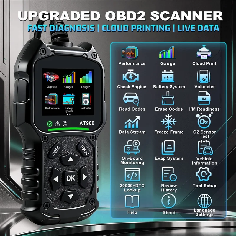 AT900 OBD2 Car Diagnostic Scanner Tool Support Cloud Print 2.4 Inch TFT Screen Battery Tester for Engine Check - Black