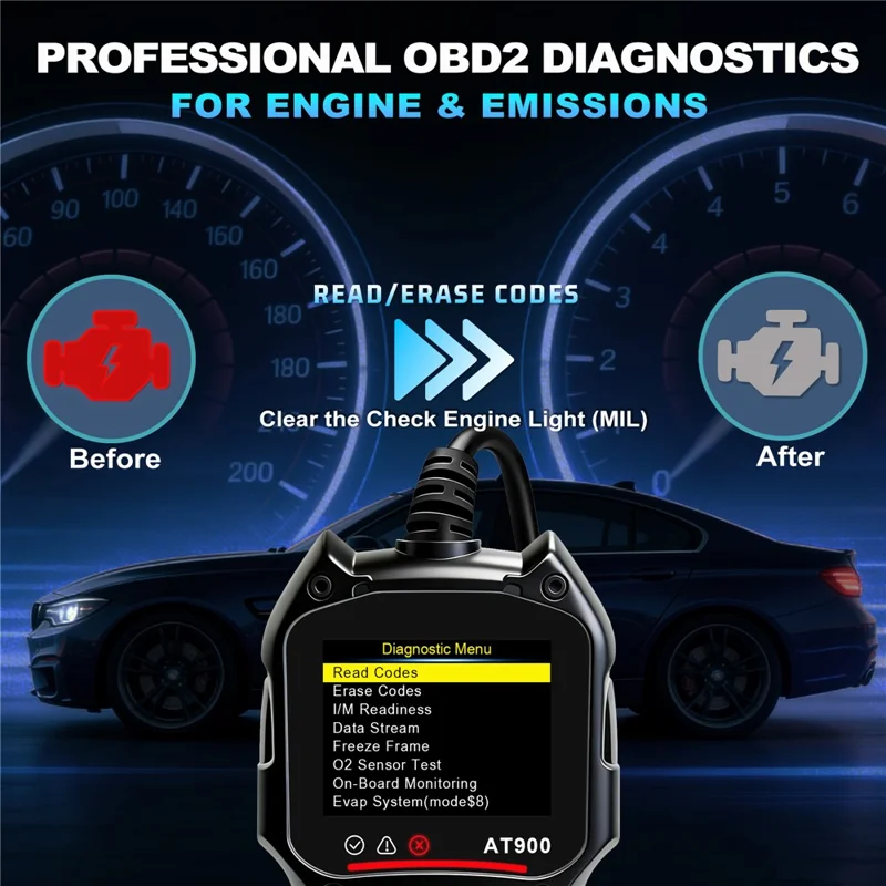 AT900 OBD2 Car Diagnostic Scanner Tool Support Cloud Print 2.4 Inch TFT Screen Battery Tester for Engine Check - Black